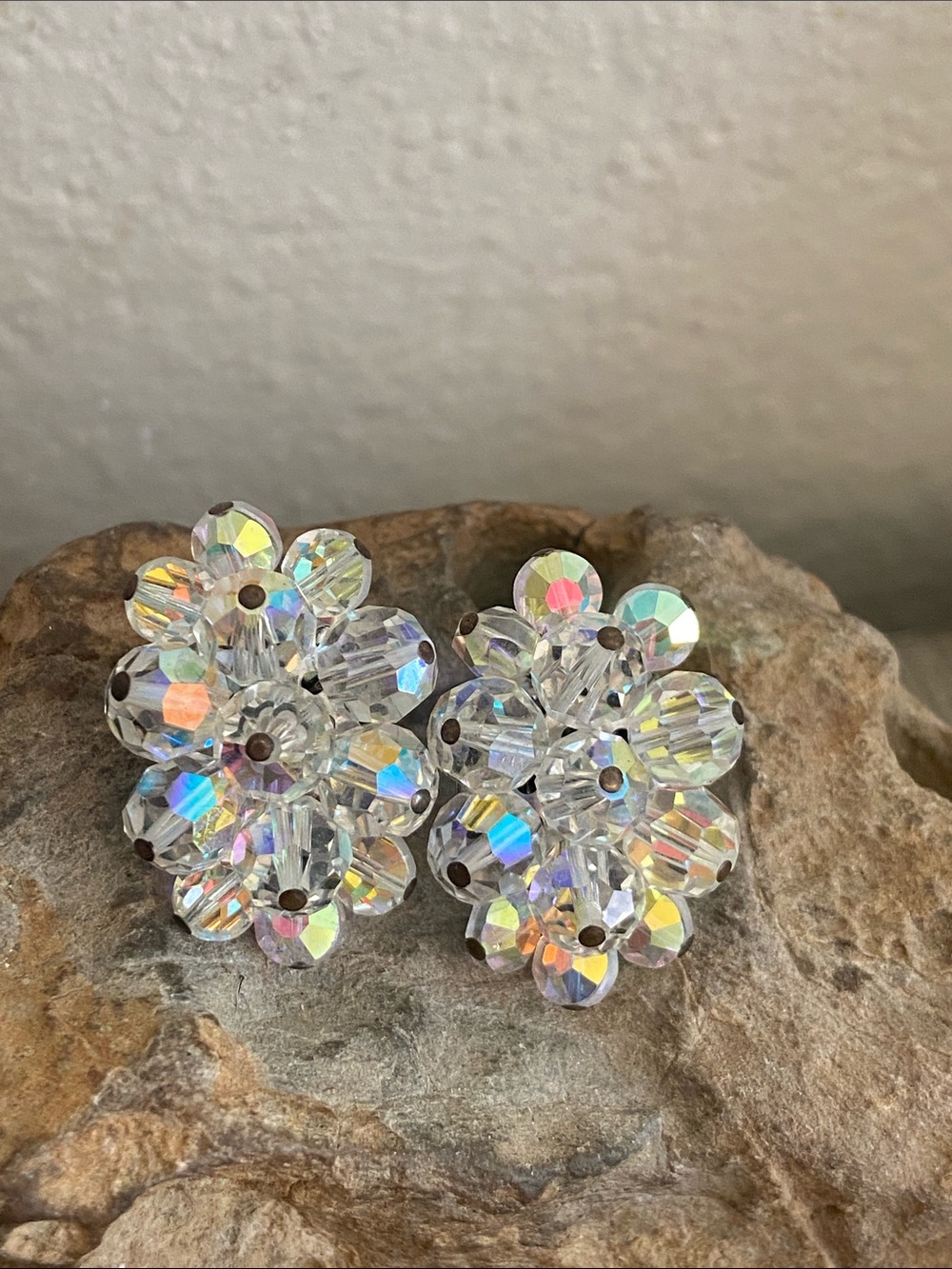 Vintage 60s Aurora Borealis Crystal Glass Cluster ClipOn Earrings